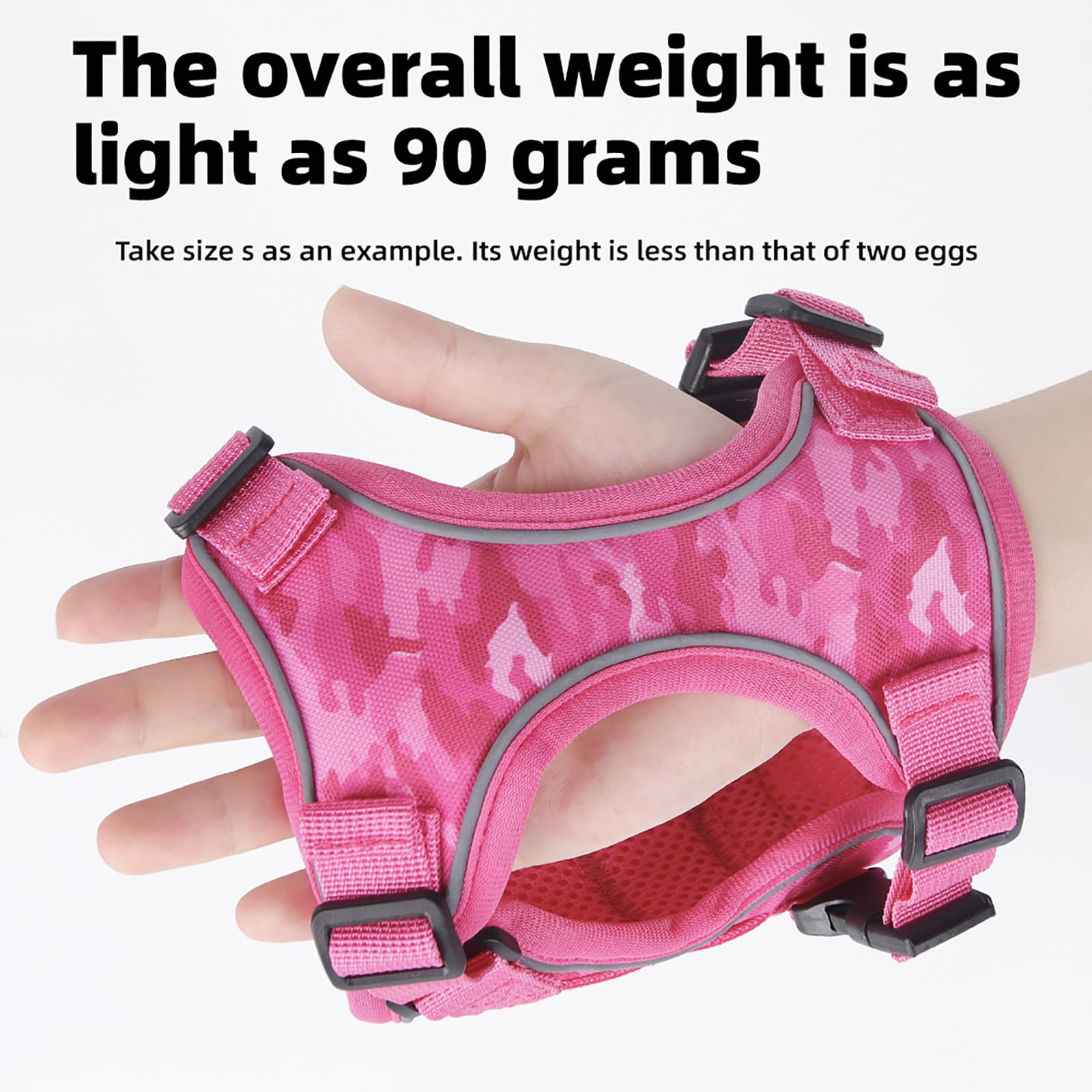 Meifsou dog harness buckle quick-release close-up notes easy setup for wiggly dogs.