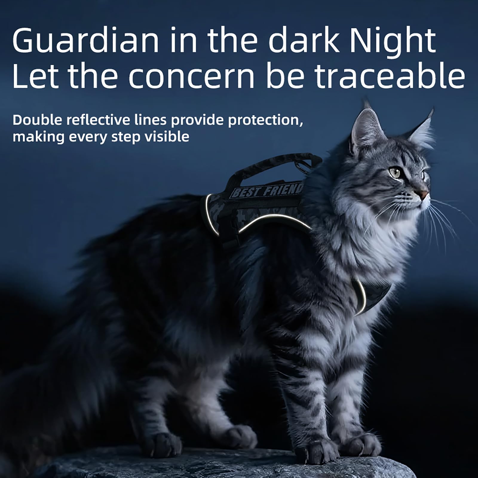 Meifsou dog harness reflective strips improve visibility day and night.