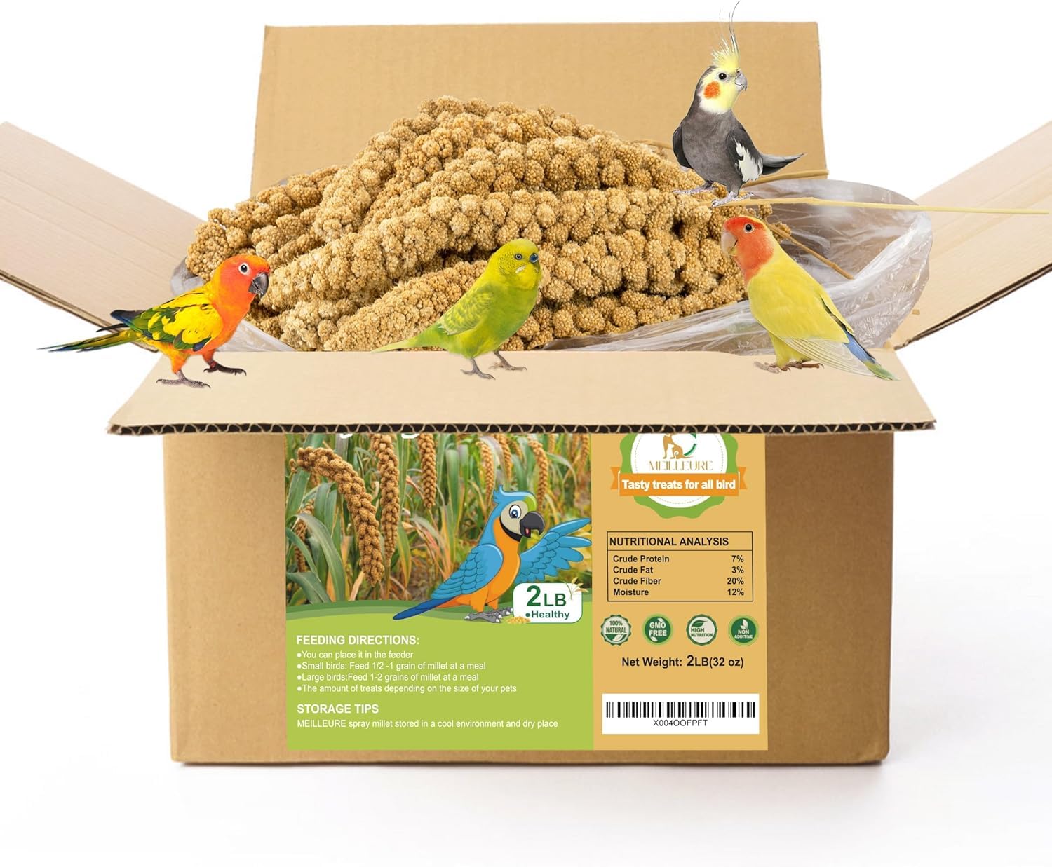 Meilleure spray millet pack front shows natural bird nutrition benefits.