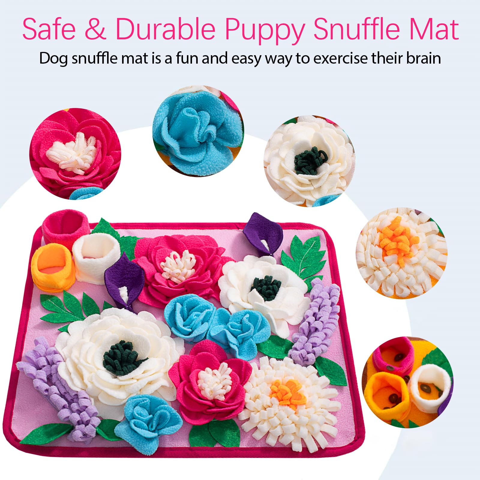 Meilzer Snuffle Mat with carry strap enables portable enrichment.
