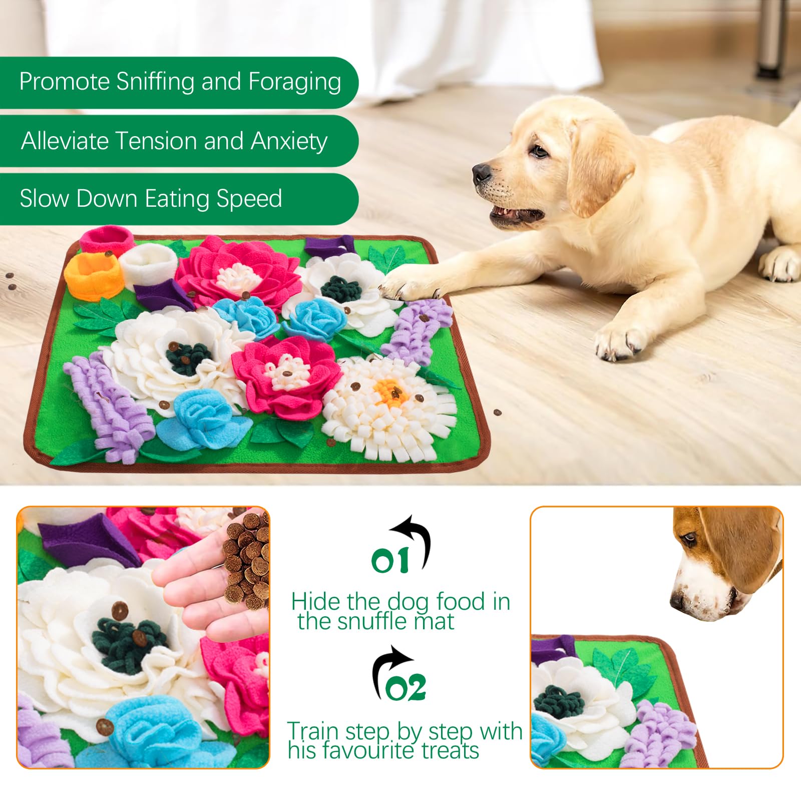 Meilzer Snuffle Mat flowers detail hides treats for interactive play and problem solving.