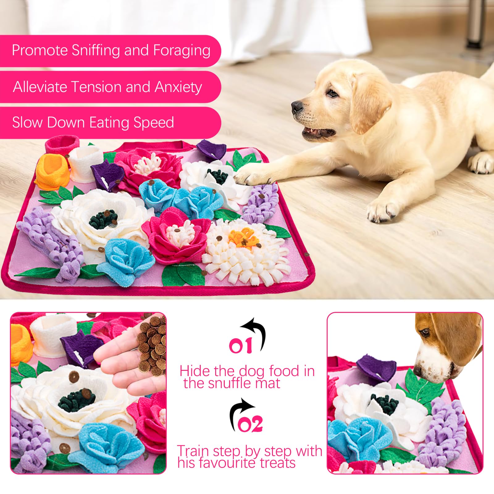Meilzer Snuffle Mat rose pink flower detail hides treats for mental stimulation.