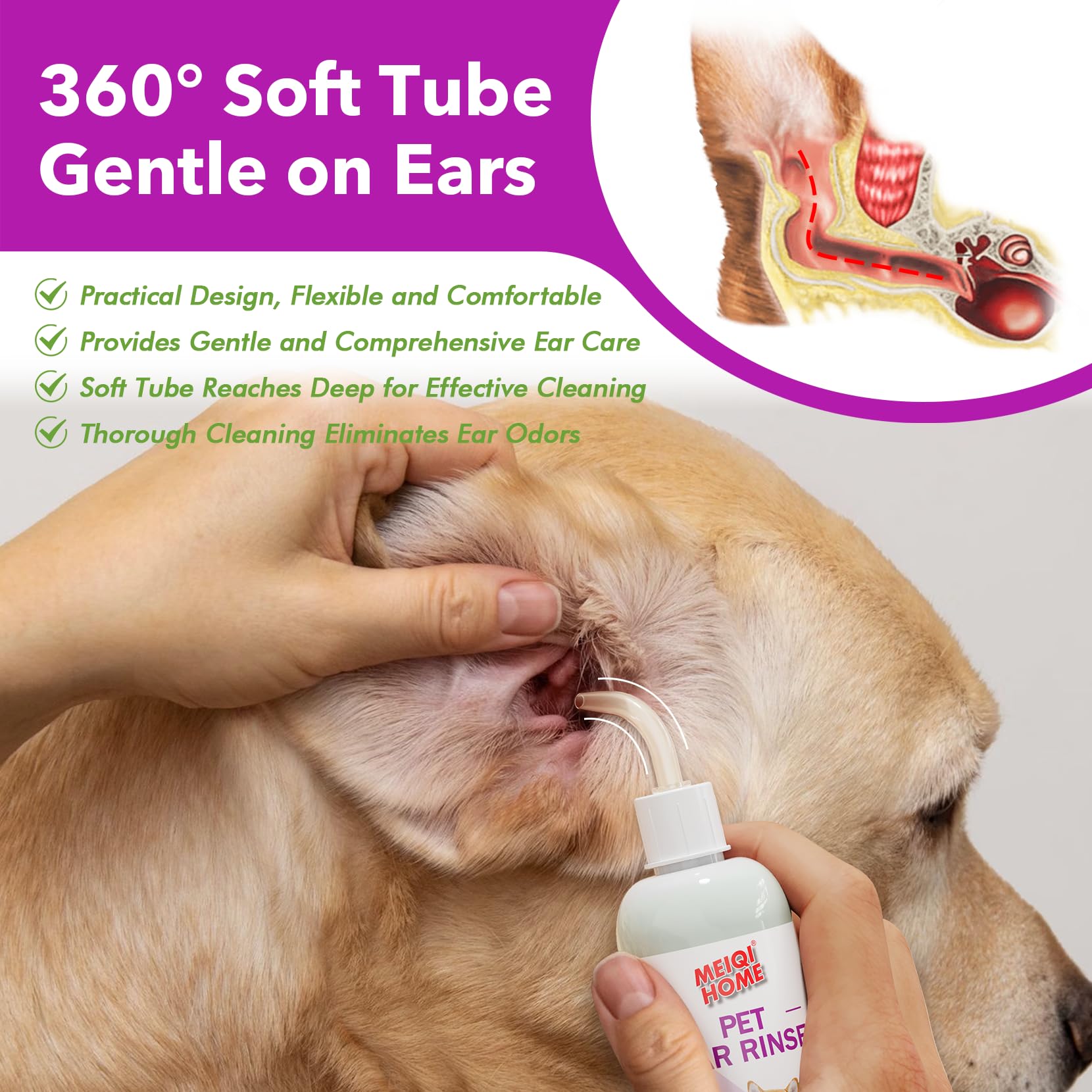 MEIQIHOME ear cleaner bottle highlights 360-degree silicone-tip applicator for safe cleaning.