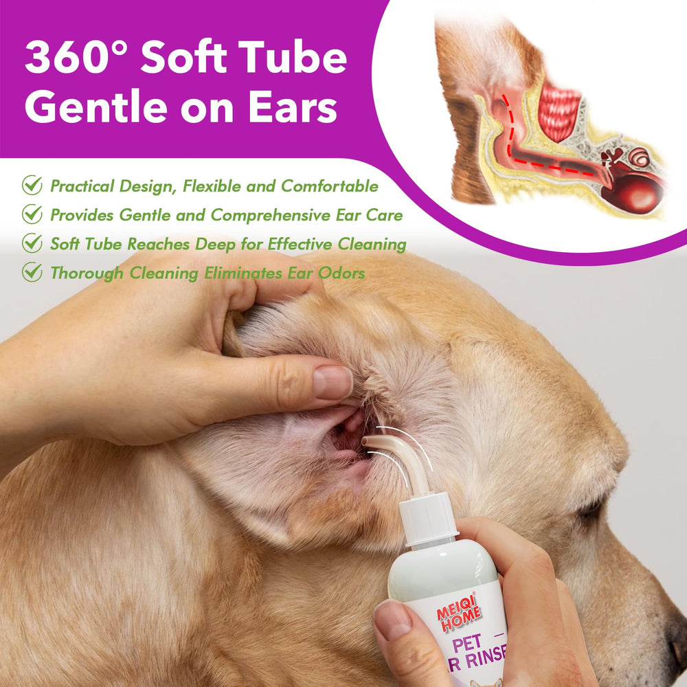 MEIQIHOME ear cleaner bottle highlights 360-degree silicone-tip applicator for safe cleaning.