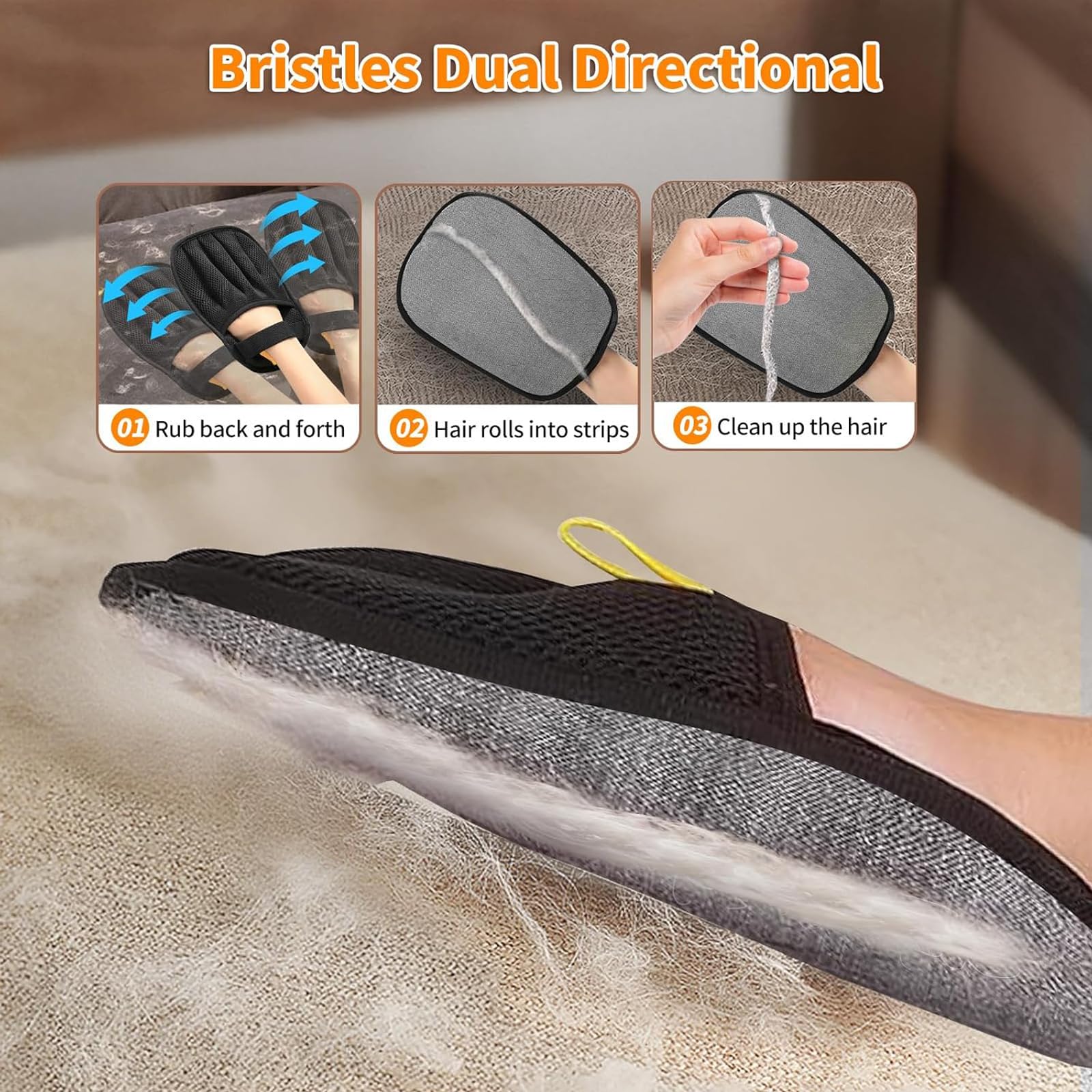 Mejreiik pet hair removal glove close-up highlighting electrostatic lift of lint effectively.
