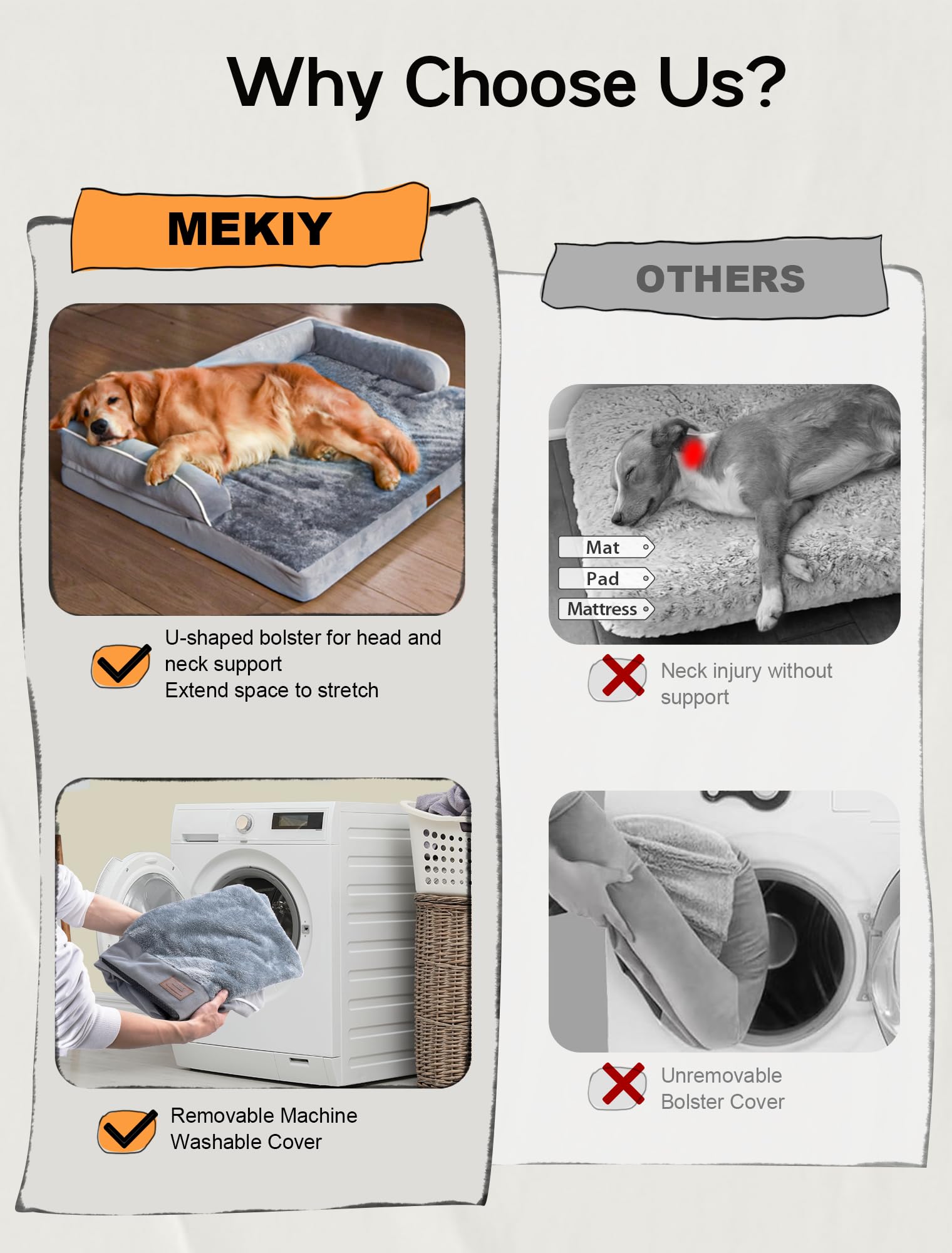 MEKIY XL dog bed removable cover for easy cleaning.
