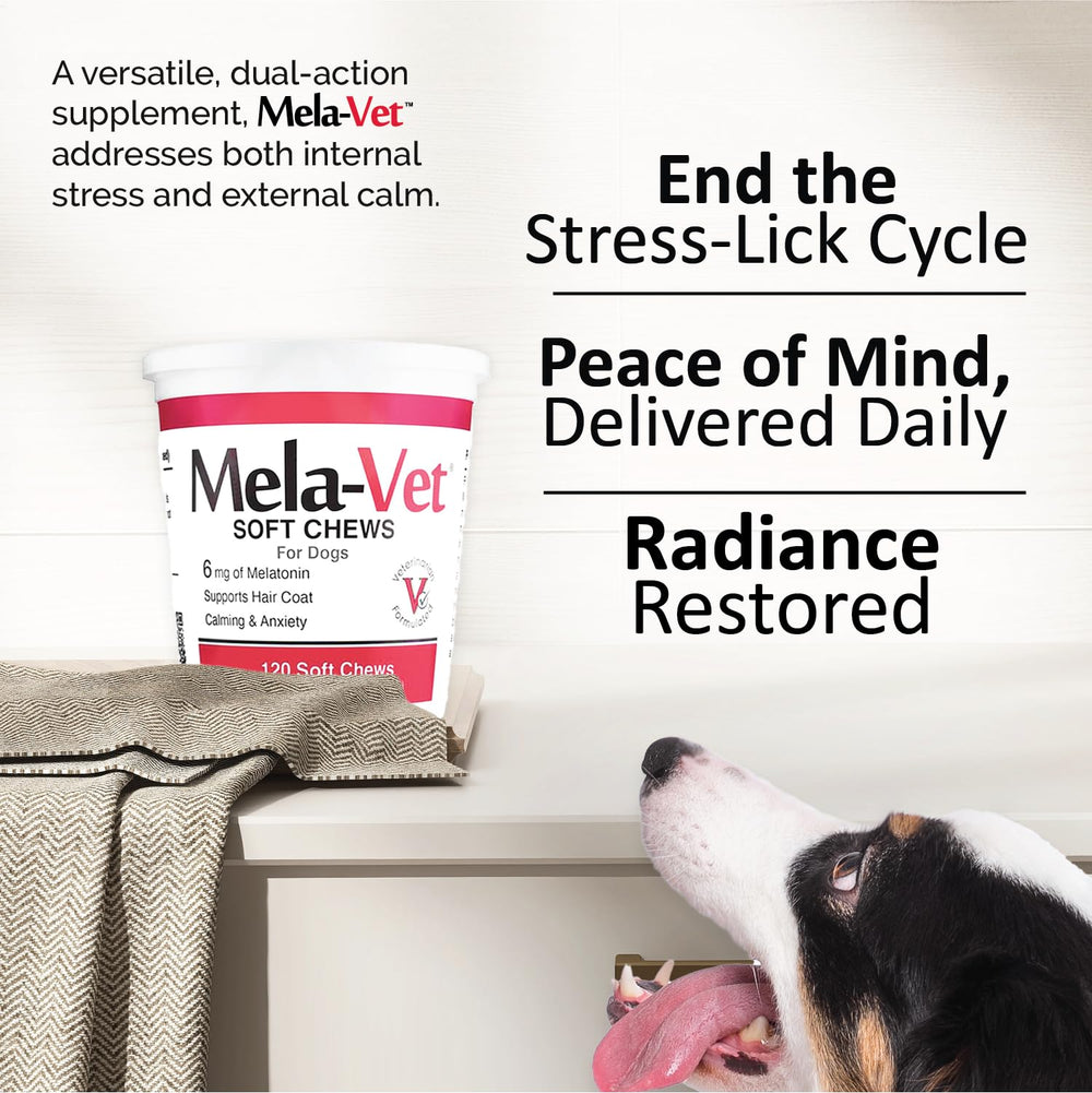 Mela-Vet l-tryptophan serotonin boost image signals mood stabilization during stress.