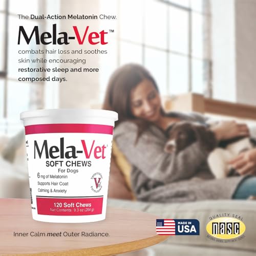 Mela-Vet melatonin soft chews closeup emphasizes fast-acting calming support during stressful events.