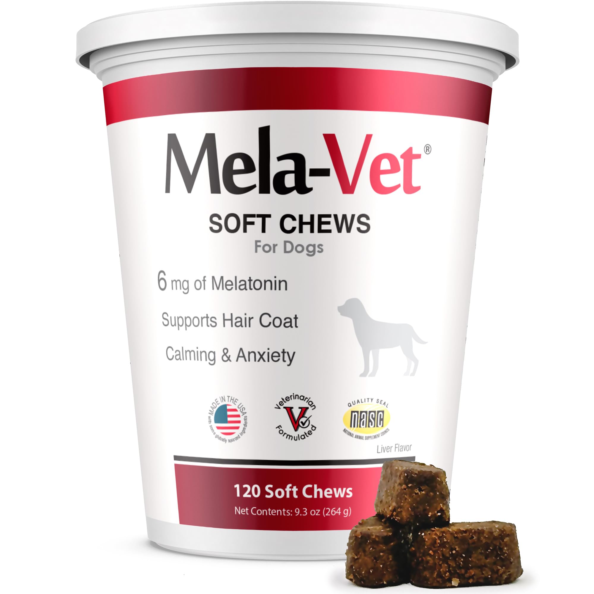 Mela-Vet melatonin calming soft chews packaging highlights vet-formulated anxiety relief for dogs.