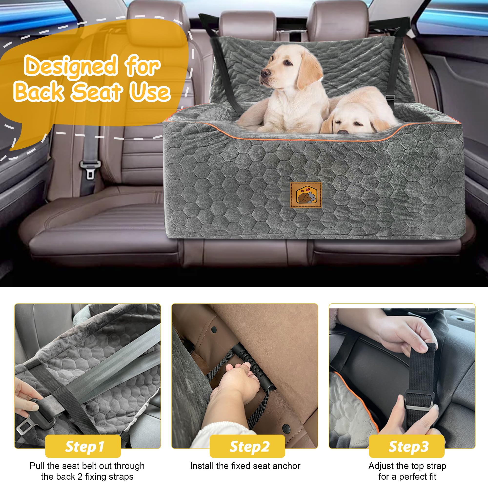 melafa365 dog car seat gray with two dogs enjoying elevated window view