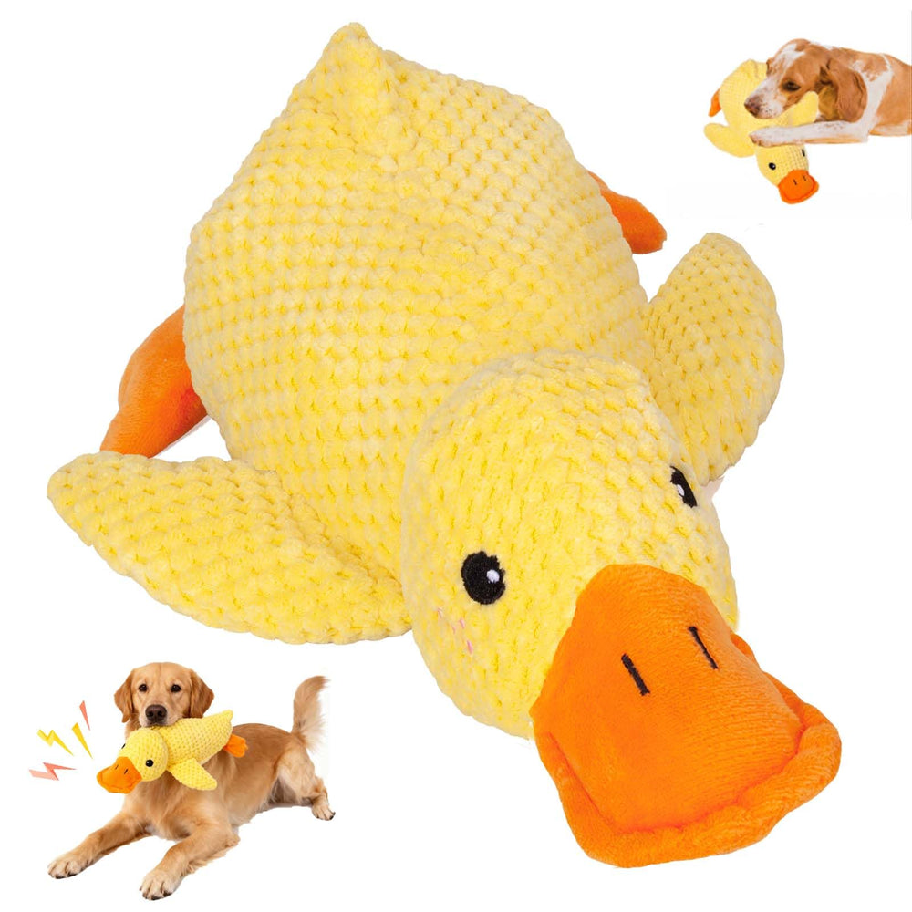 Mellow Dog Calming Duck toy in yellow comforts indoor dogs during quiet moments.