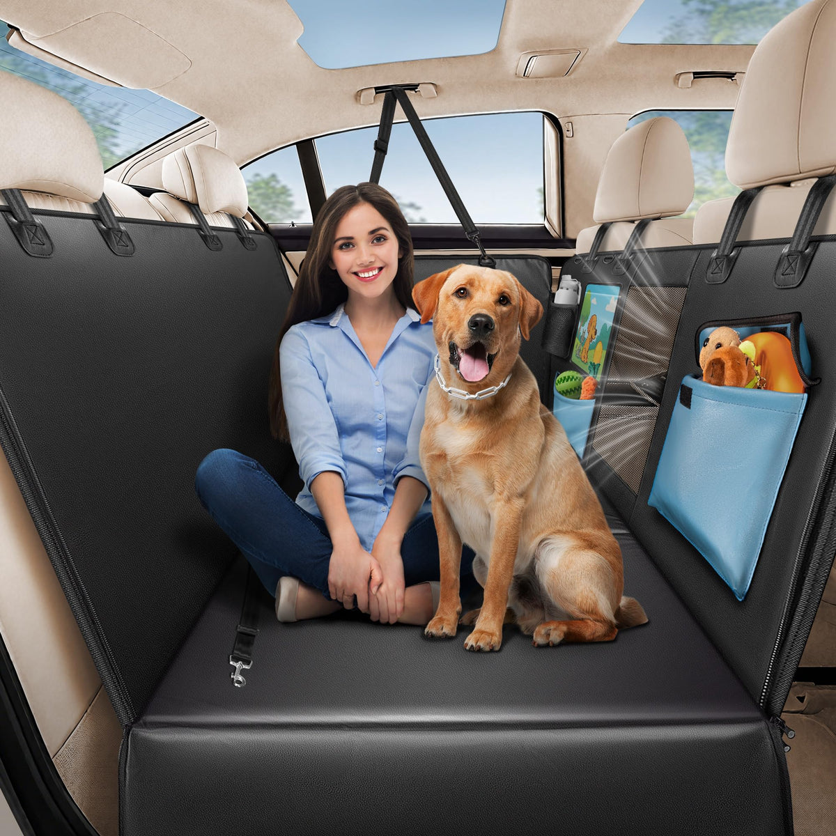 MellowMates back-seat-cover-59inch closeup: waterproof PU leather shields seats from dirt and scratches