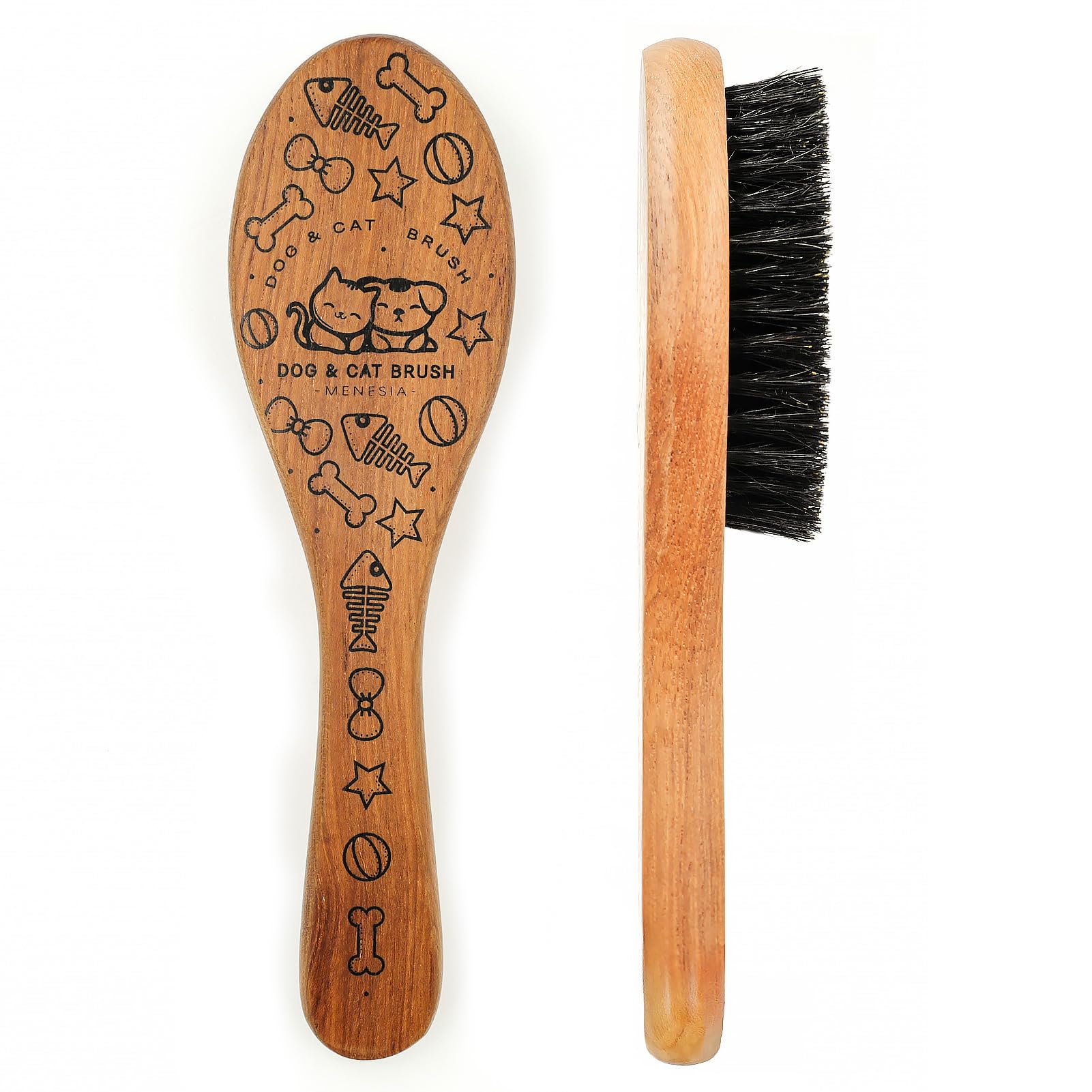 Menesia Pet Soft Brush wood handle close-up showing gentle bristles for sensitive grooming.