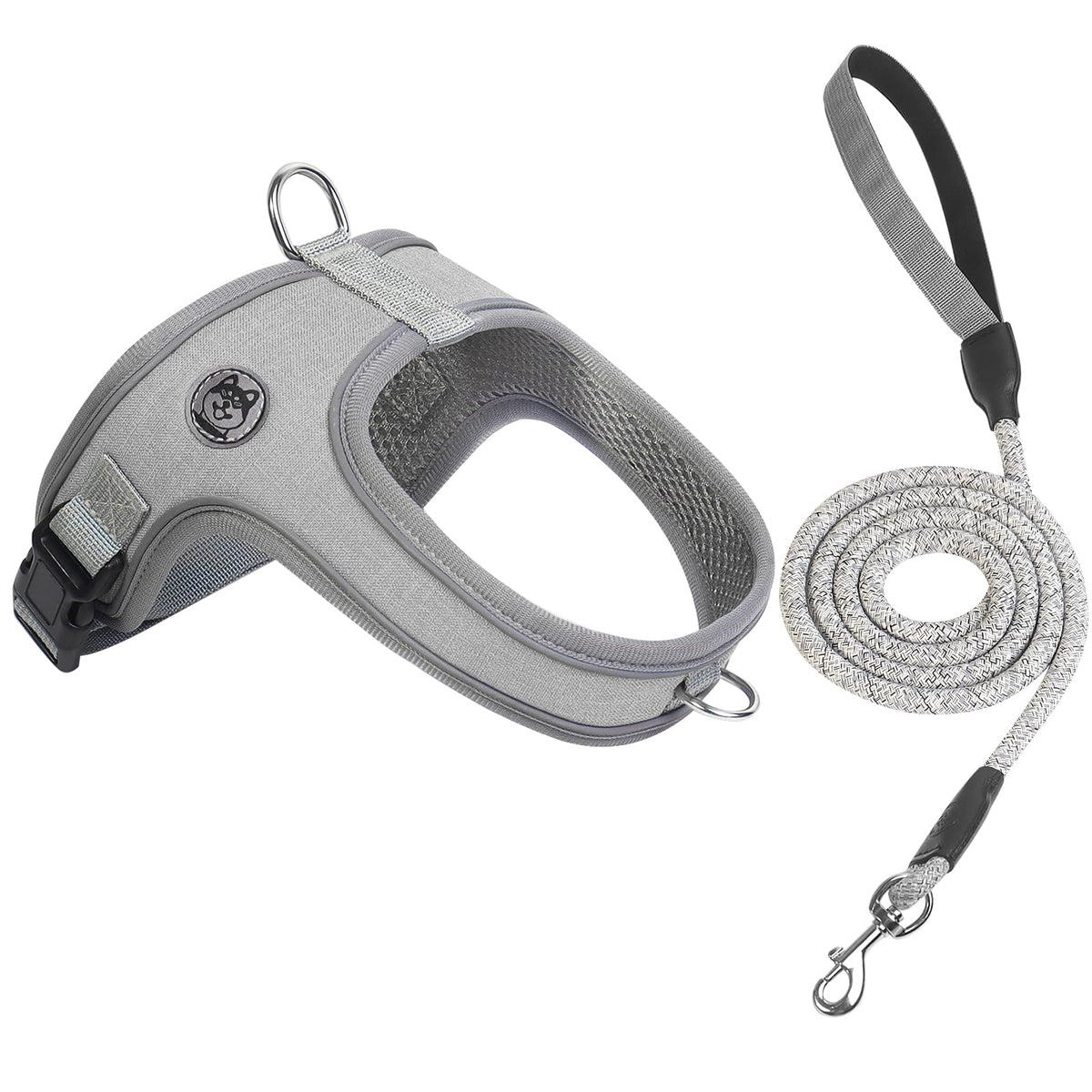Mengbei Tribe dog harness front view in grey offers secure, comfortable fit.