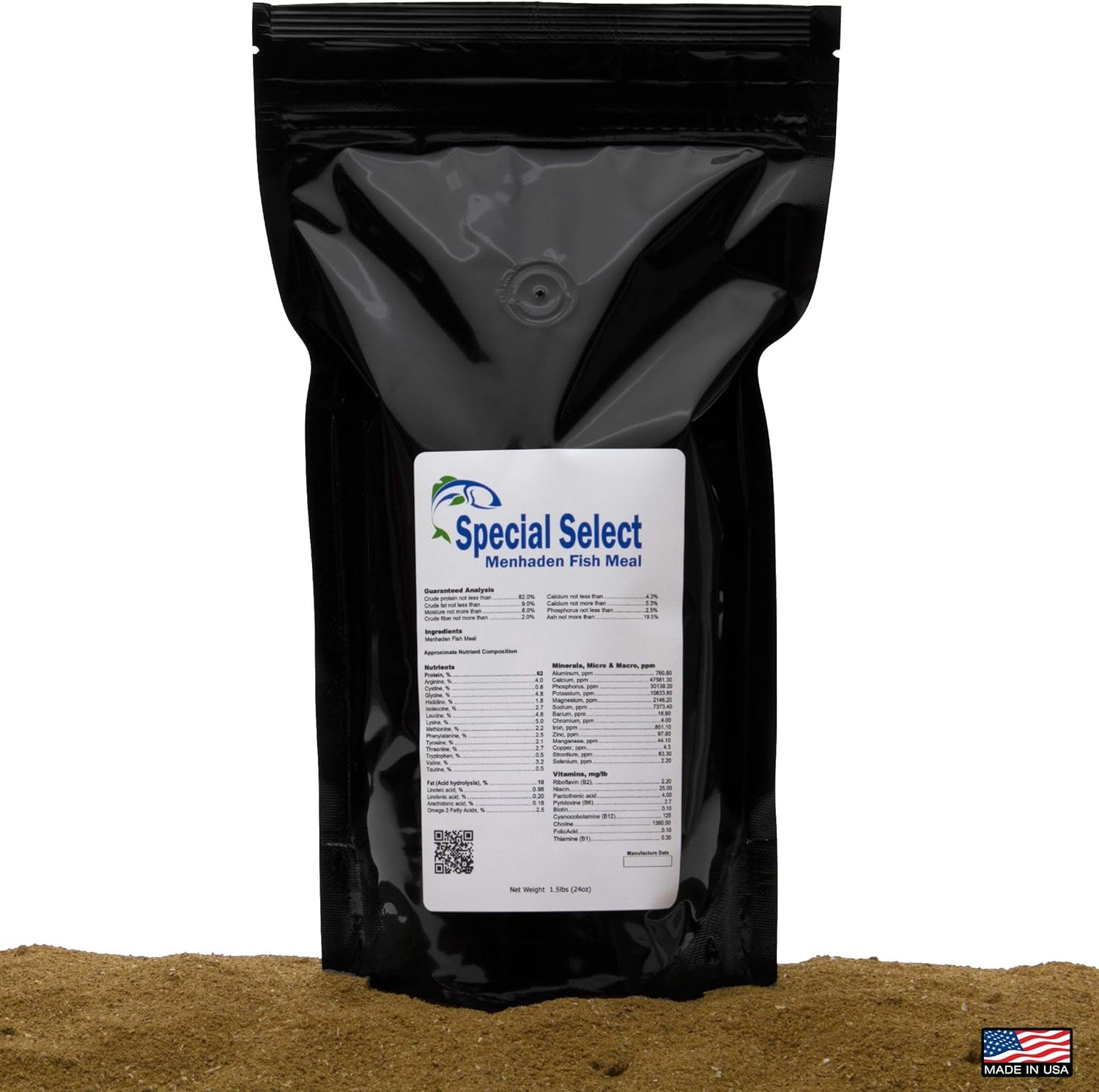 Menhaden Fish Meal bag front highlights pure protein source for animal feed.