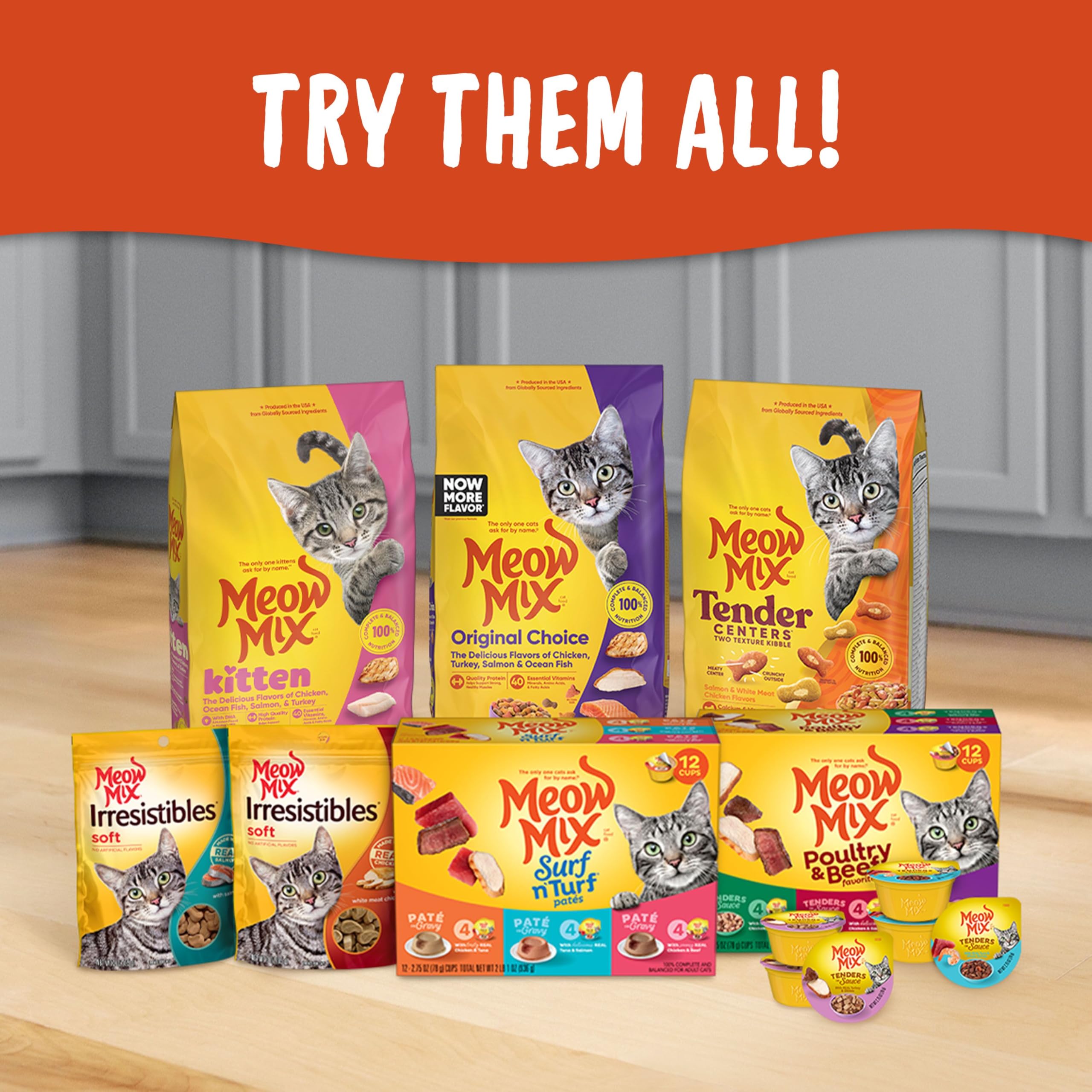 Meow Mix Irresistibles 6 oz packaging emphasizes convenient, portable cat snacks.