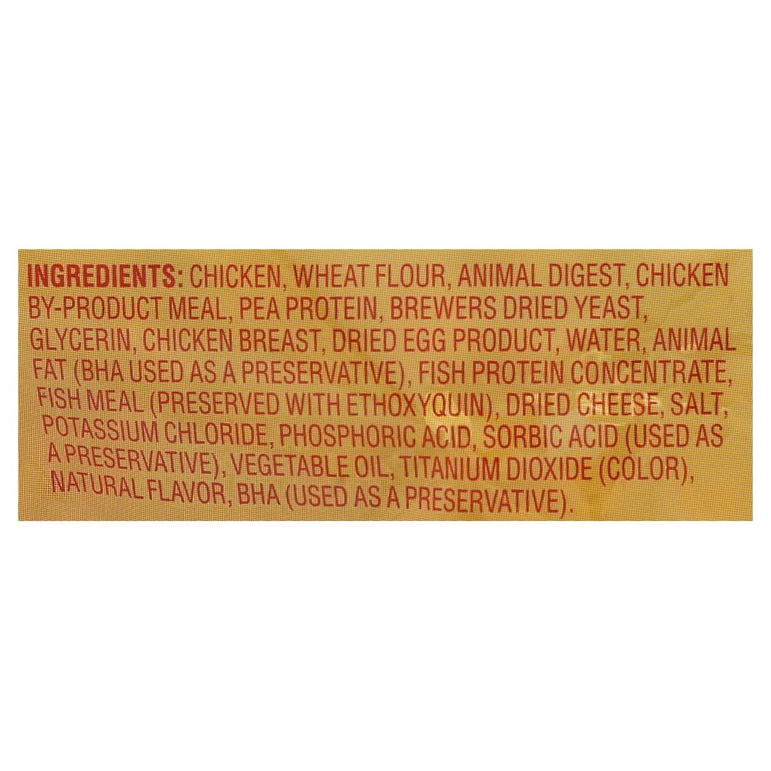Meow Mix Irresistibles real chicken ingredients highlight real chicken protein.