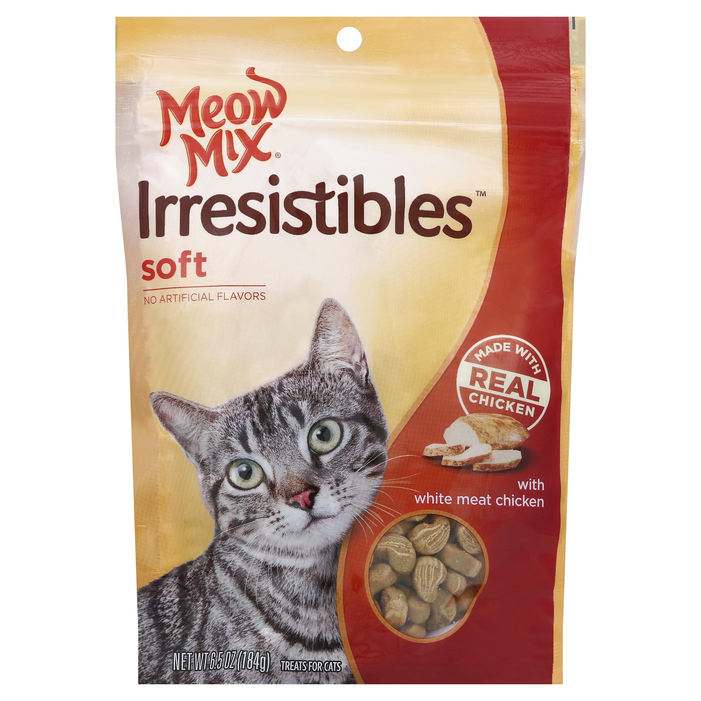 Meow Mix Irresistibles soft chicken treats reseal pouch provides convenient freshness.