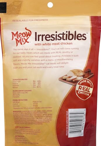 Meow Mix Irresistibles soft texture chicken treats offer a tender bite for rewards.