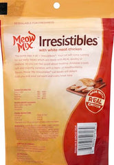 Meow Mix Irresistibles soft texture chicken treats offer a tender bite for rewards.