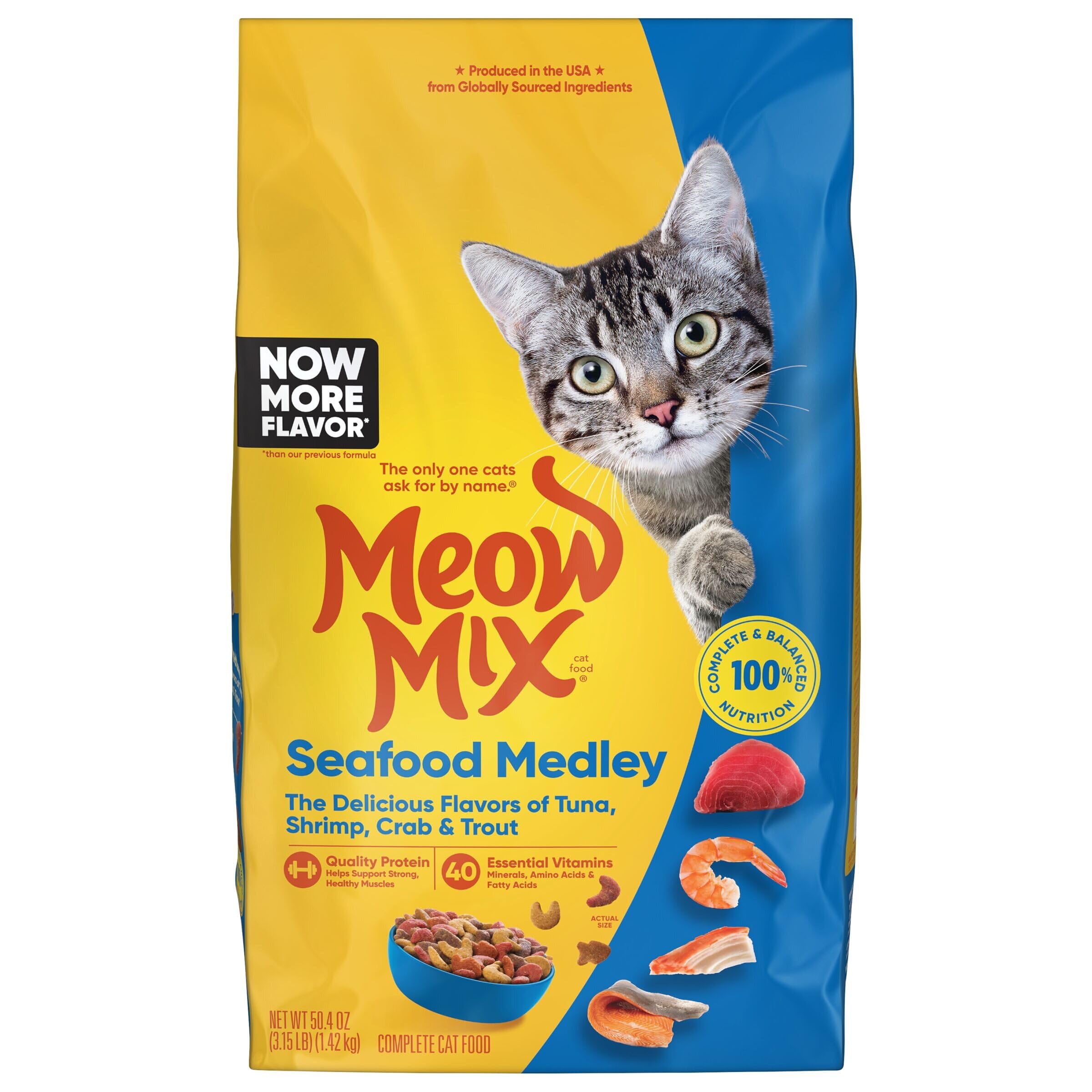 Meow Mix Seafood Medley bag front showcases flavor variety for seafood-loving cats.