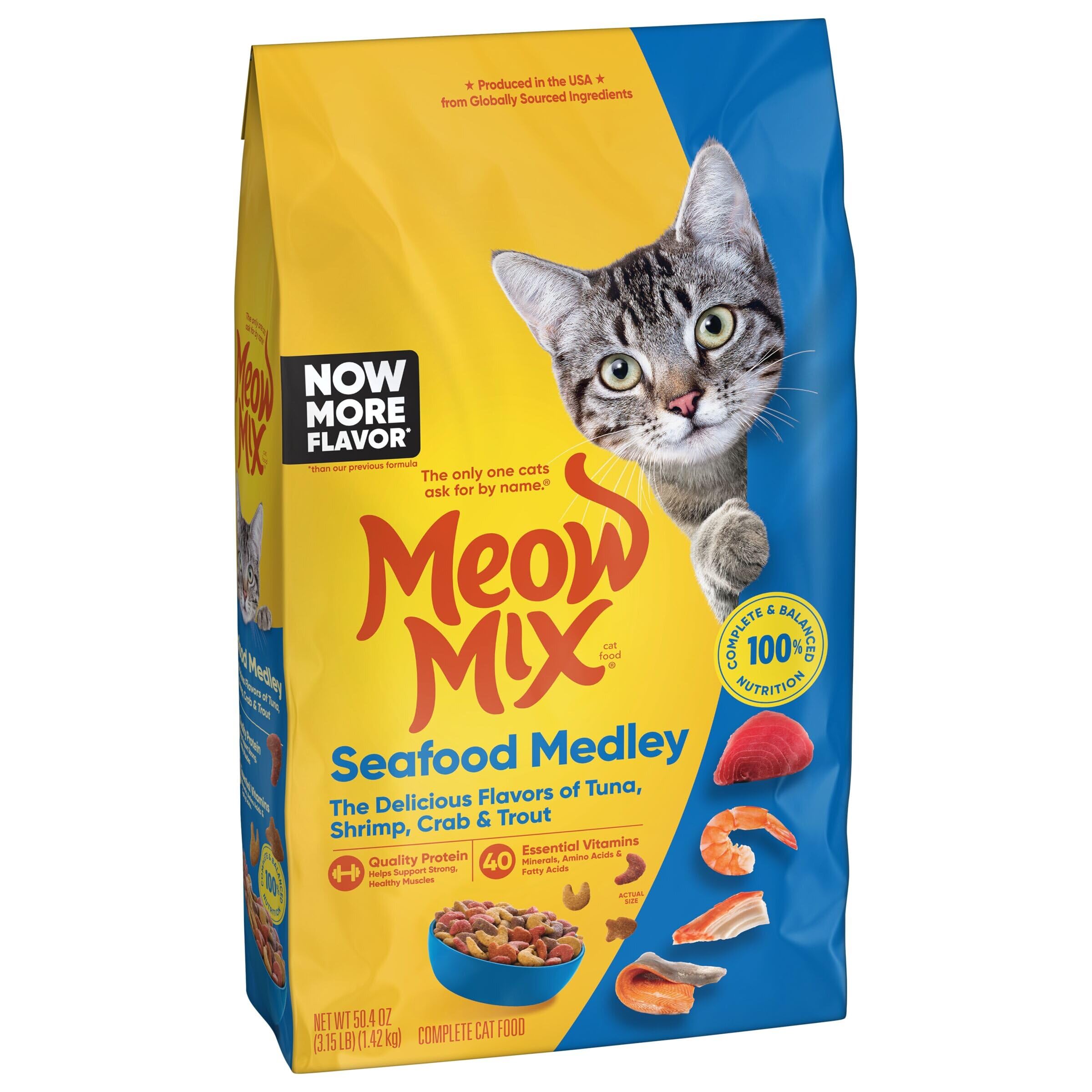 Meow Mix Seafood Medley served in a bowl inviting daily feeding and tasting.