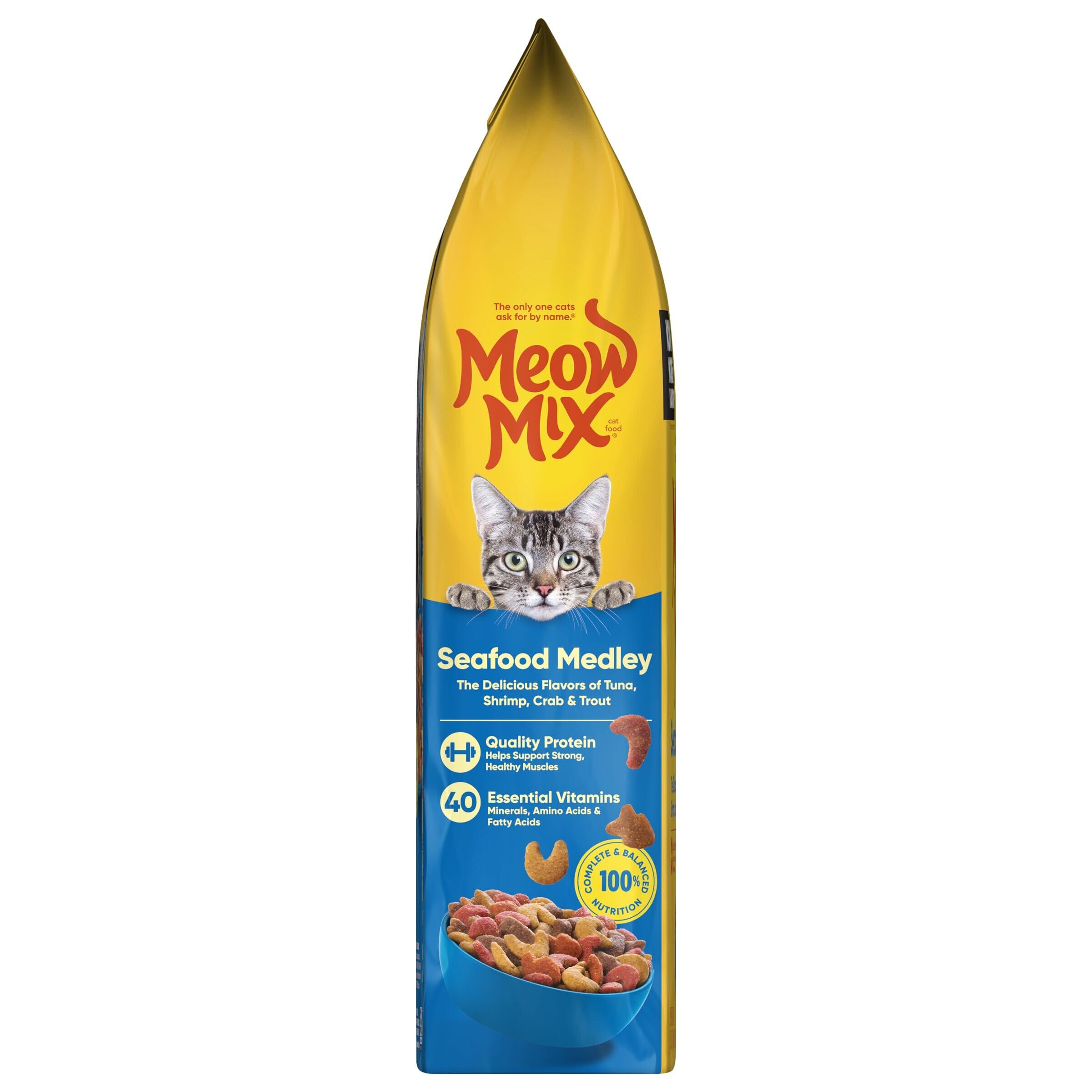 Meow Mix Seafood Medley ingredients close-up shows tuna, shrimp, trout for flavor variety.