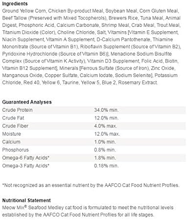 Meow Mix Seafood Medley packaging highlights complete and balanced nutrition claim.
