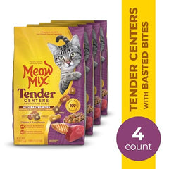 Meow Mix Tender Centers Basted Bites in bowl highlights chicken and tuna flavor for textured appeal.