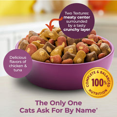 Meow Mix Tender Centers Basted Bites four-bag packaging showcases value and complete nutrition for adults.