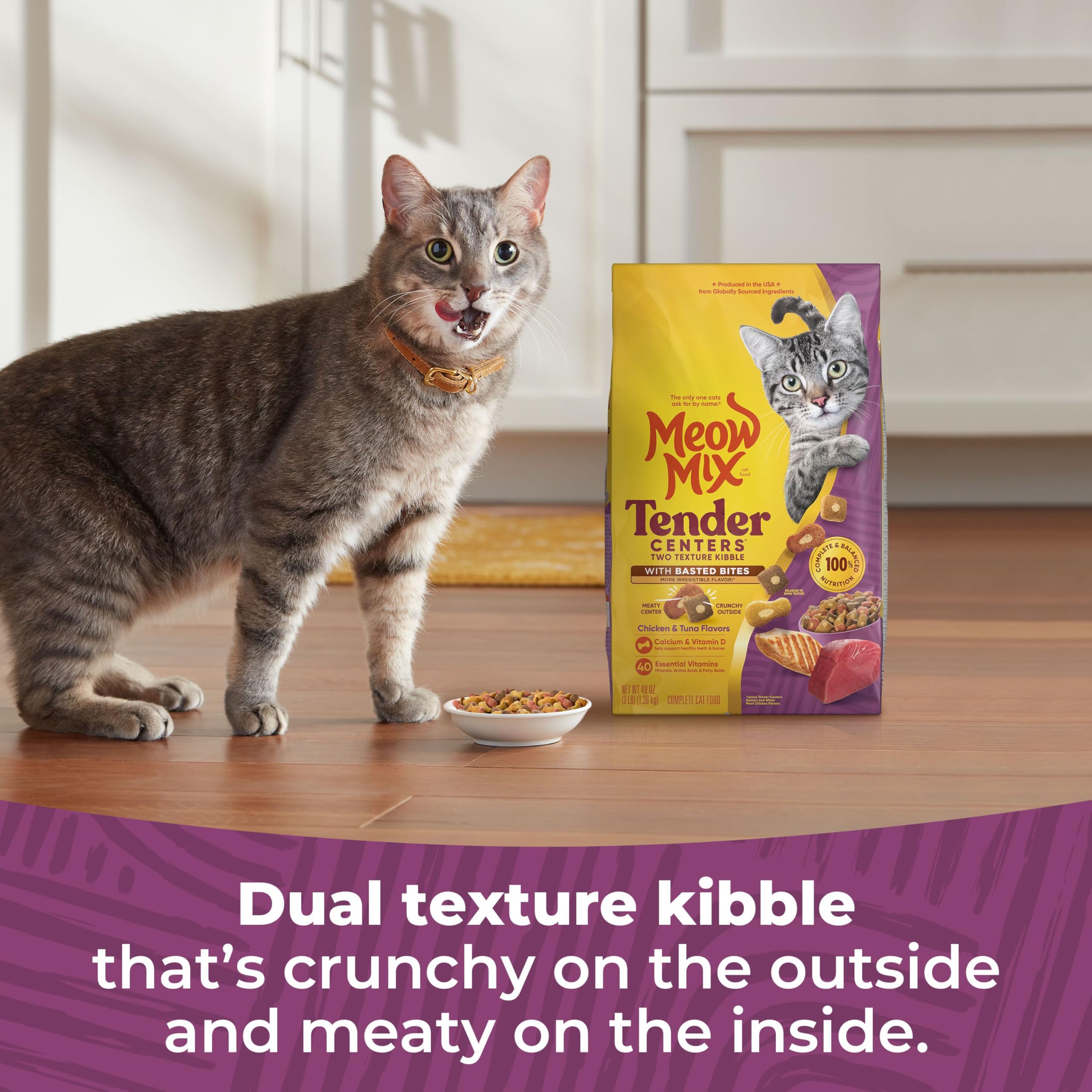 Meow Mix Tender Centers Basted Bites two-texture kibble closeup emphasizes crunchy exterior and meaty interior.