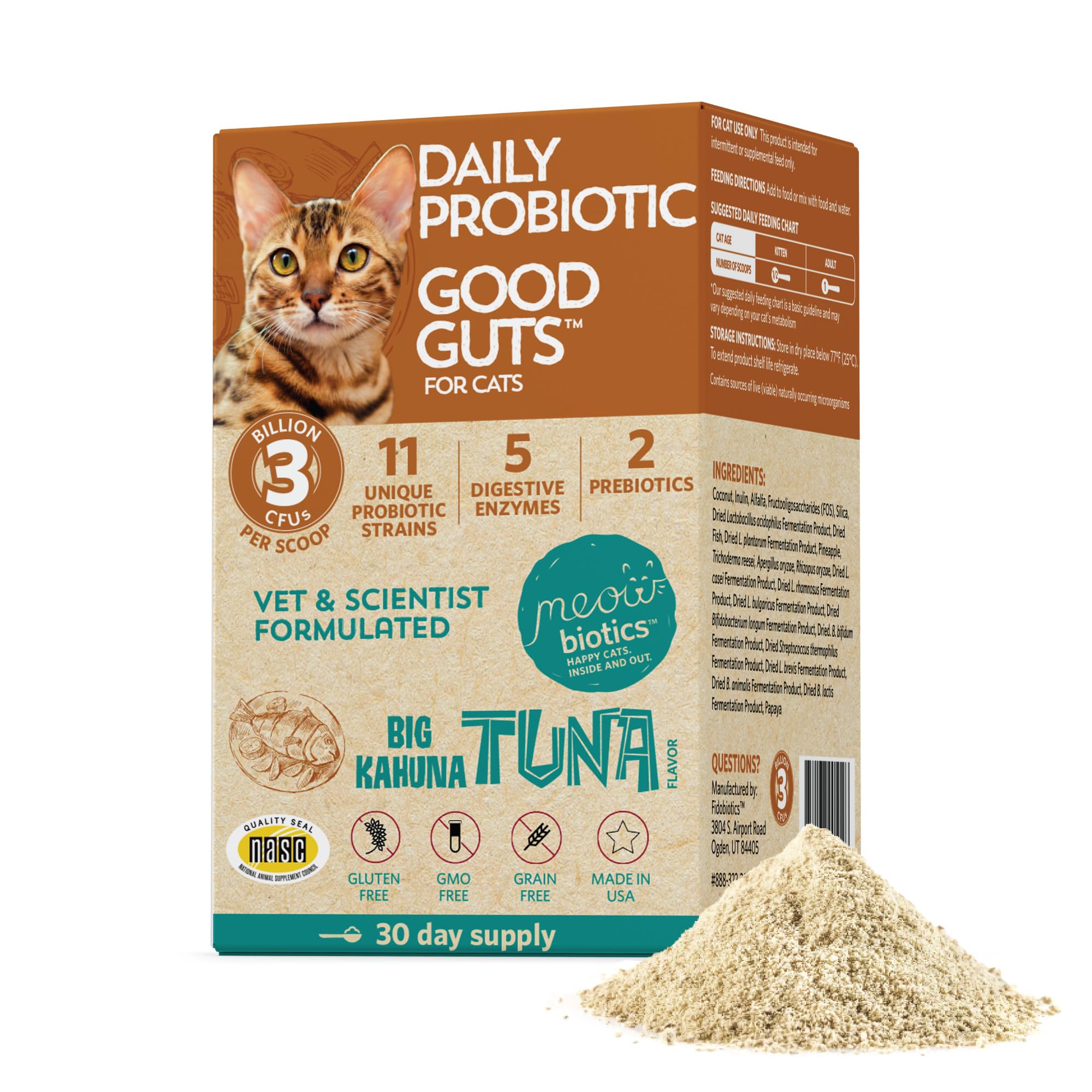 Meowbiotics Good Guts tuna flavor powder supports daily cat gut health.
