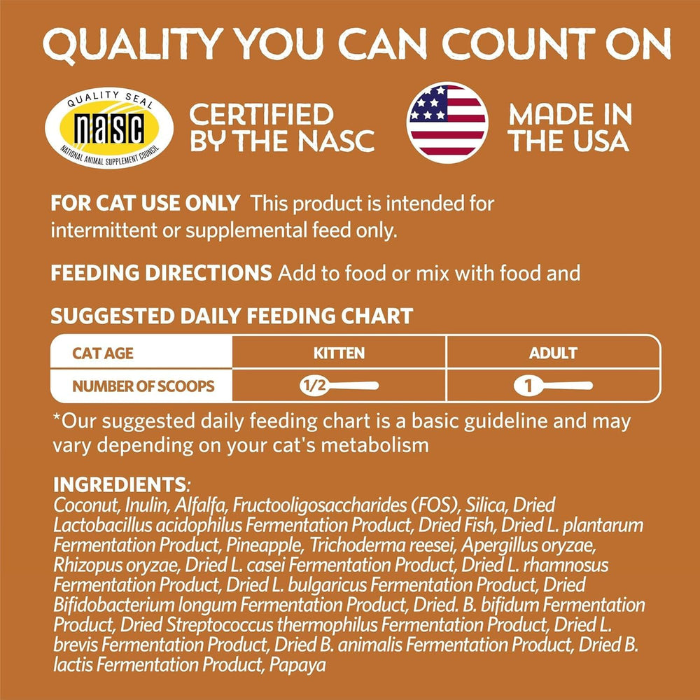 Meowbiotics Grain-free Gluten-free claim image highlights cat-safe formulation