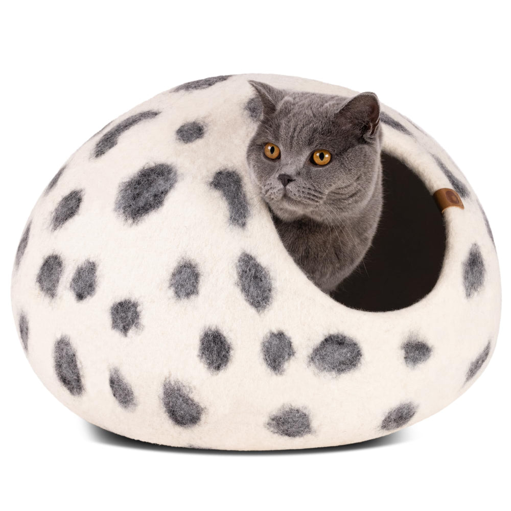 MEOWFIA Cat Cave large snow leopard front view highlights cozy wool hideaway