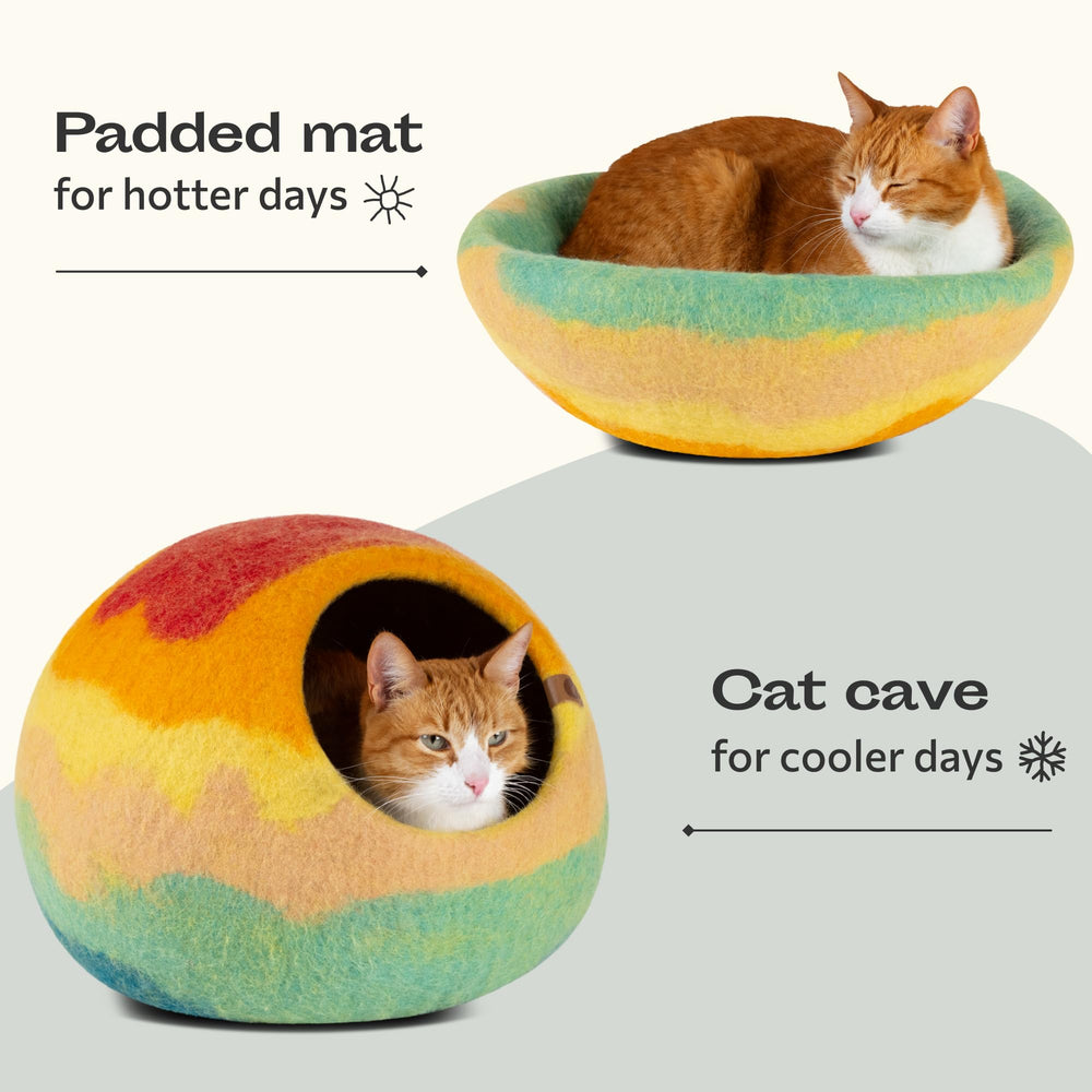 MEOWFIA Cat Cave wood-floor display shows sleek design blending with home decor.