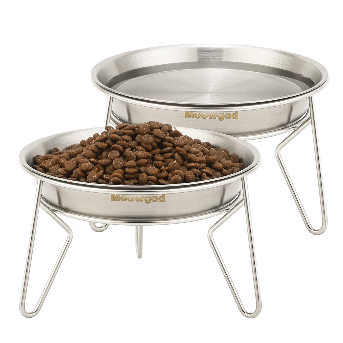 Meowgod elevated cat bowls with a wide dish and raised stand for whisker-friendly meals.
