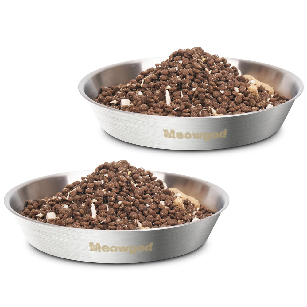 Meowgod extra-wide cat bowl shows 6.7 inch base for whisker comfort and cleaner eating