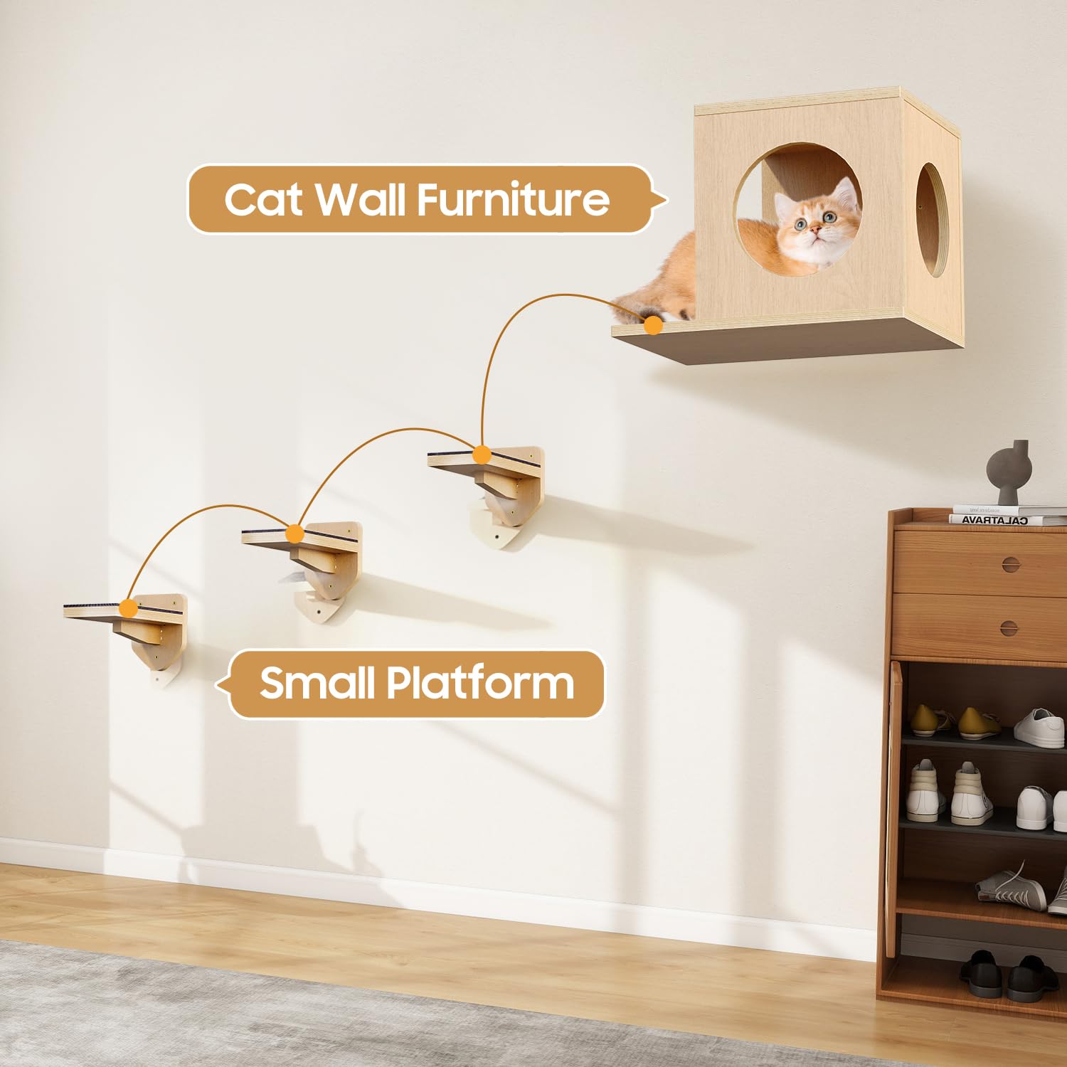 MeowHomm cat wall shelves condo closeup shows cozy hideaway and premium finish.