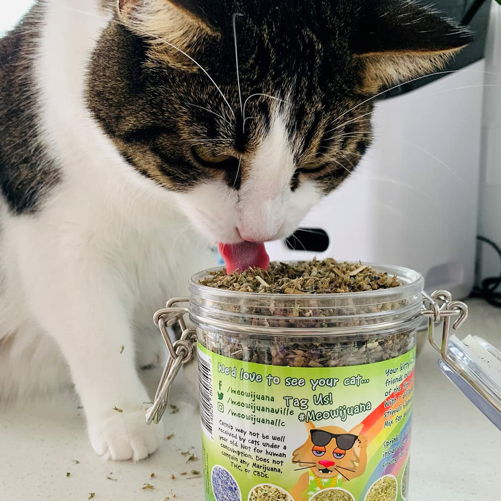 Meowijuana Pawty Mix packaging side view emphasizing safety and simple use
