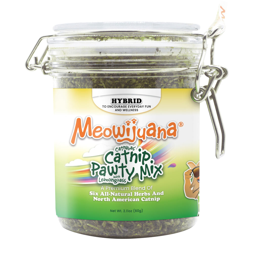 Meowijuana Catnibas Pawty Mix jar with lemongrass for lively play