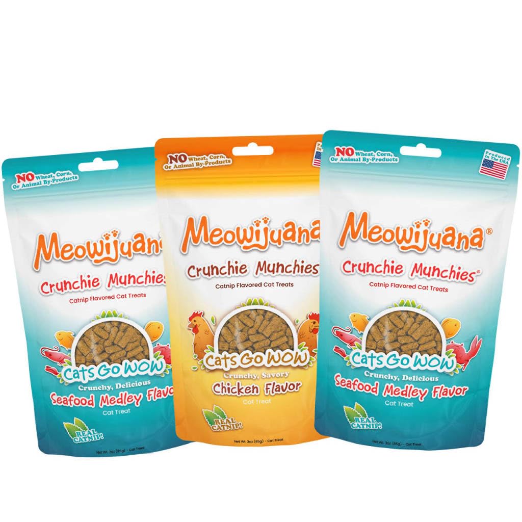 Meowijuana Crunchie Munchies packaging shows USA-made label for high-quality cat treats