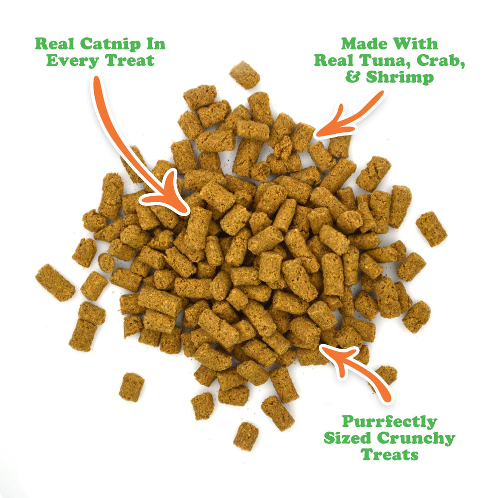 Meowijuana Crunchie Munchies seafood bites closeup emphasizes bold tuna, crab, shrimp aromas