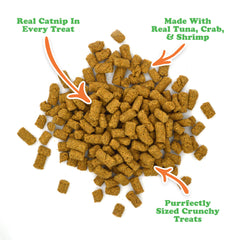Meowijuana Crunchie Munchies seafood bites closeup emphasizes bold tuna, crab, shrimp aromas