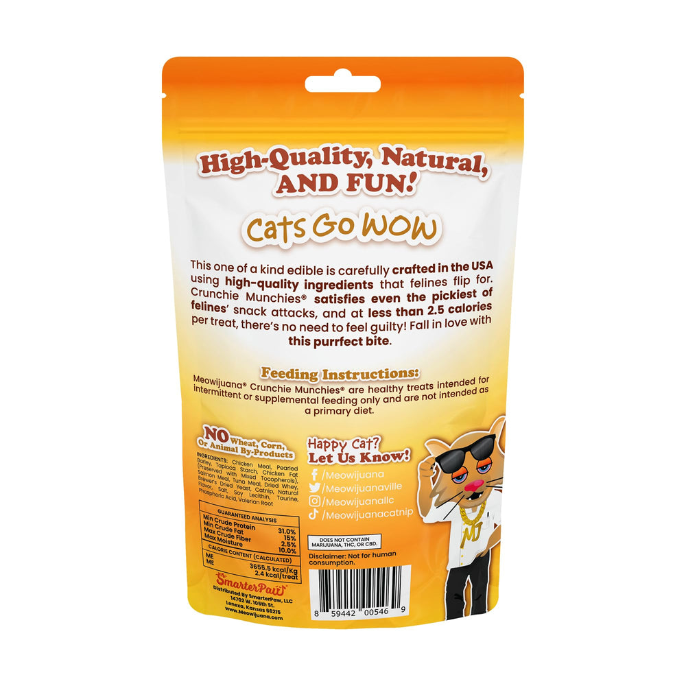 Meowijuana Crunchie Munchies serving suggestion with cat and bowl emphasizes treat time