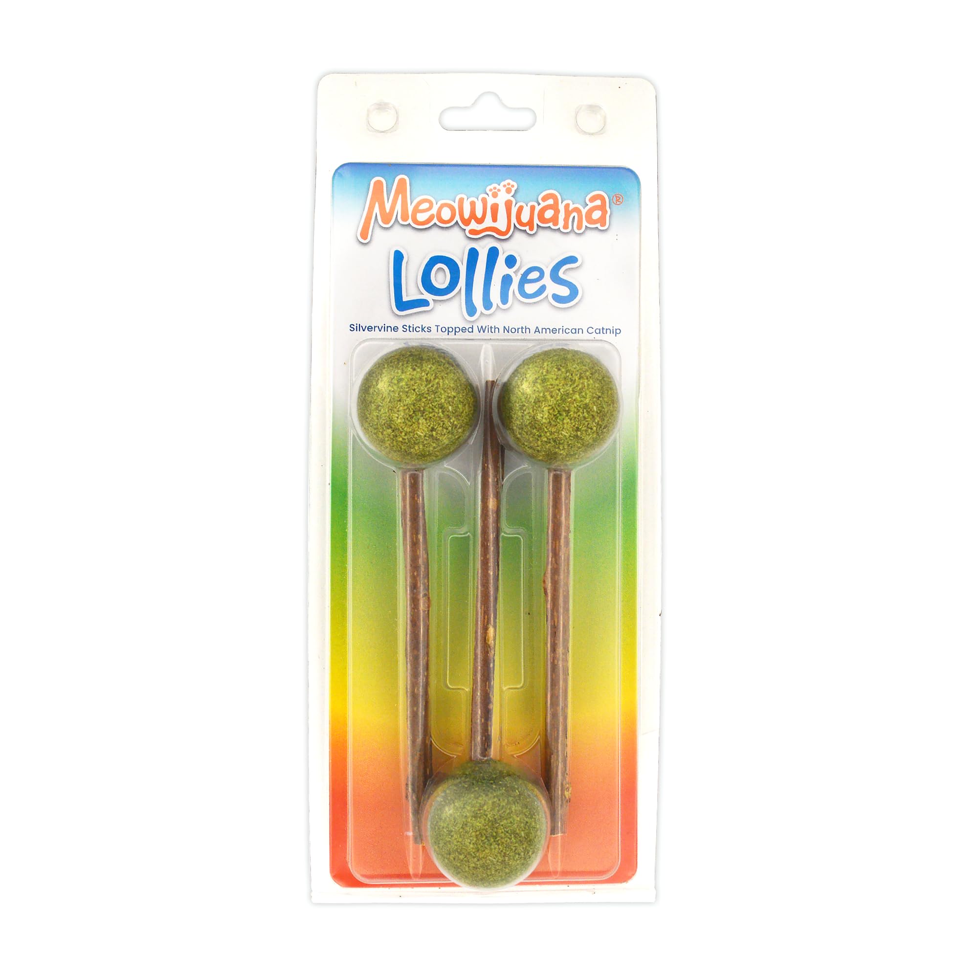 Meowijuana Lollies packaging featuring silvervine sticks for enrichment