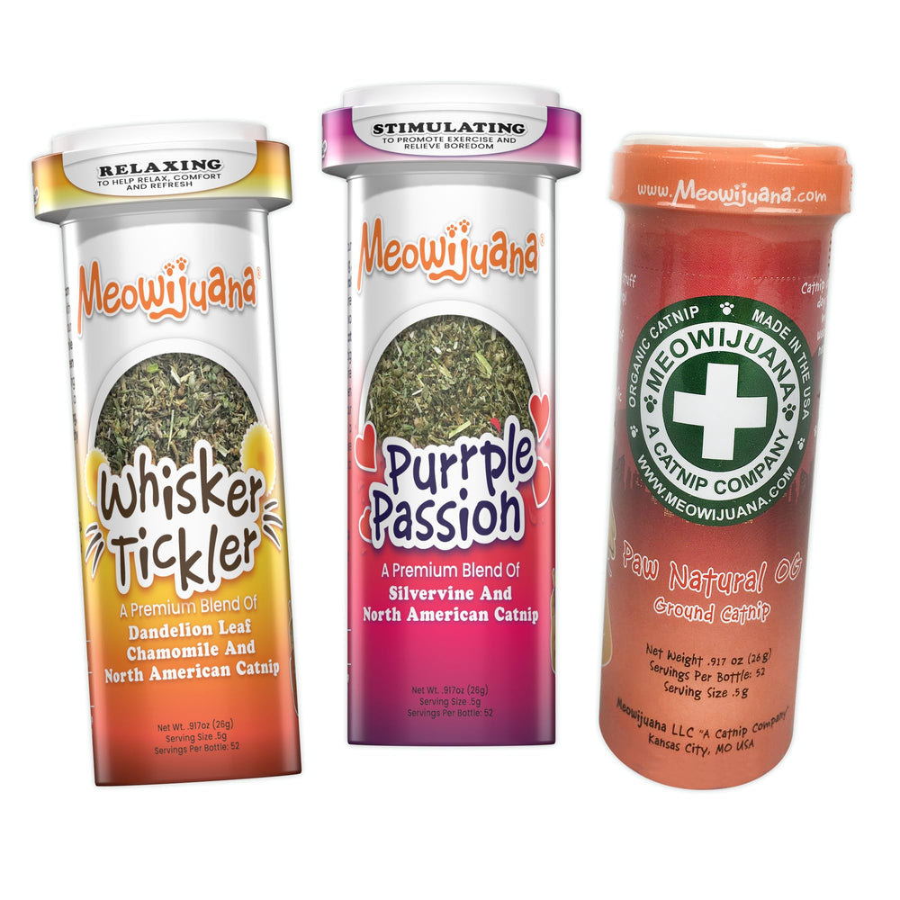 Meowijuana Purr-Effect Trio Pack bottle of Purrple Passion sparks energetic playtime.