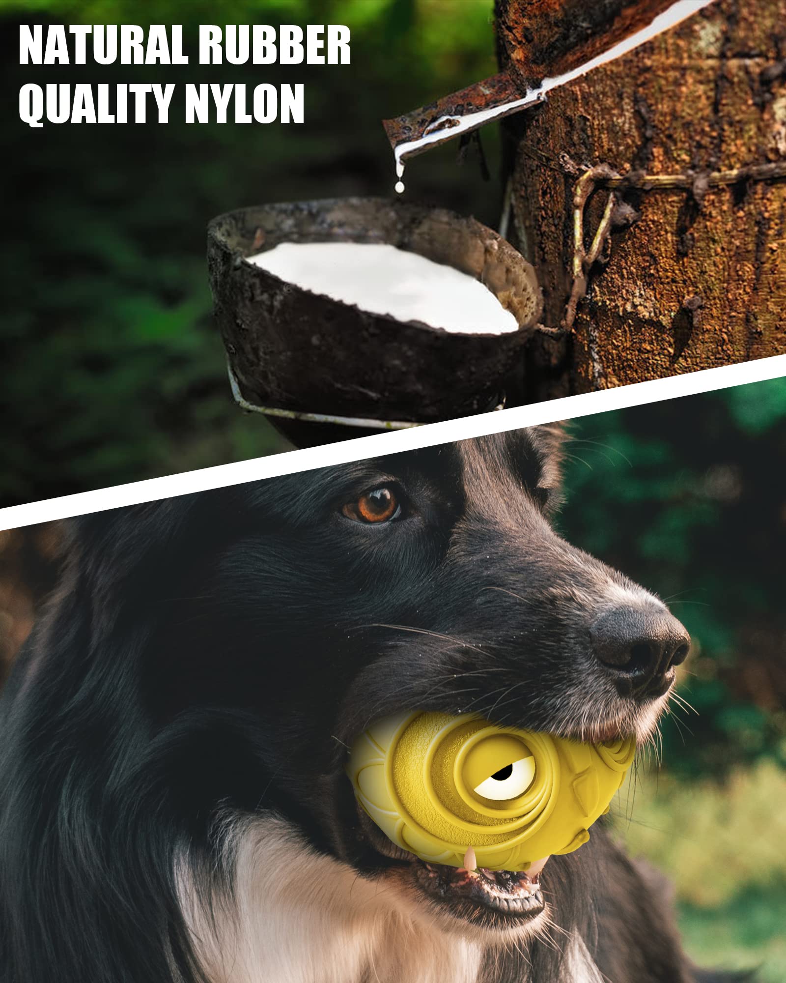 Mewlmart Giggle Ball Owl yellow in-action shot shows dog enjoying interactive fun.