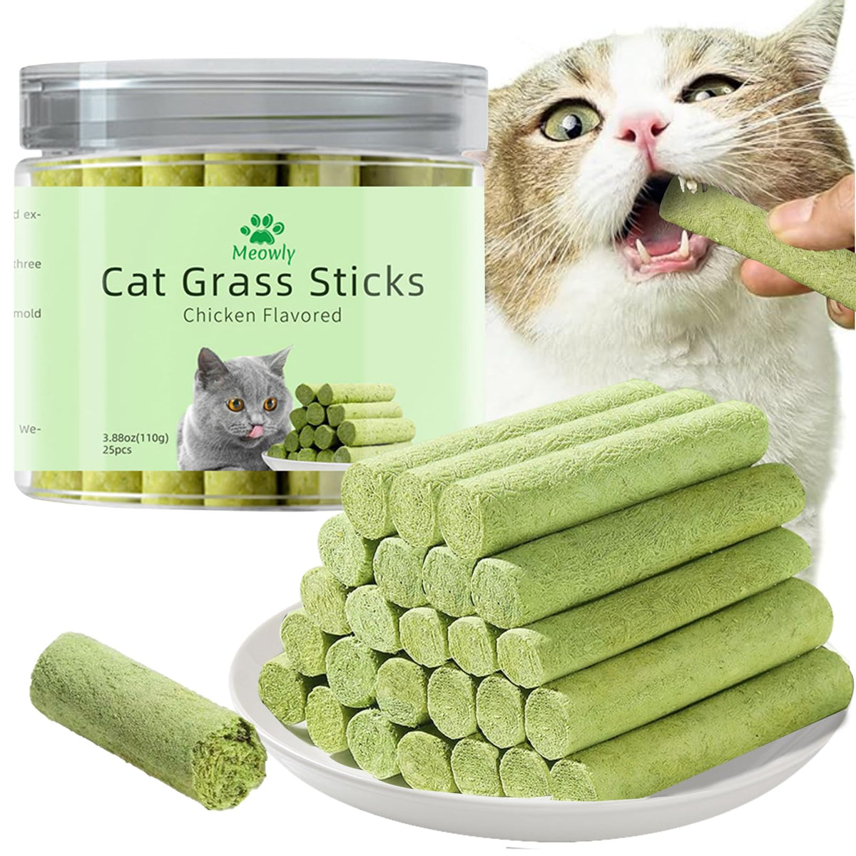Meowly cat grass sticks Packaging shows ready-to-serve greens for year-round feline snacking.