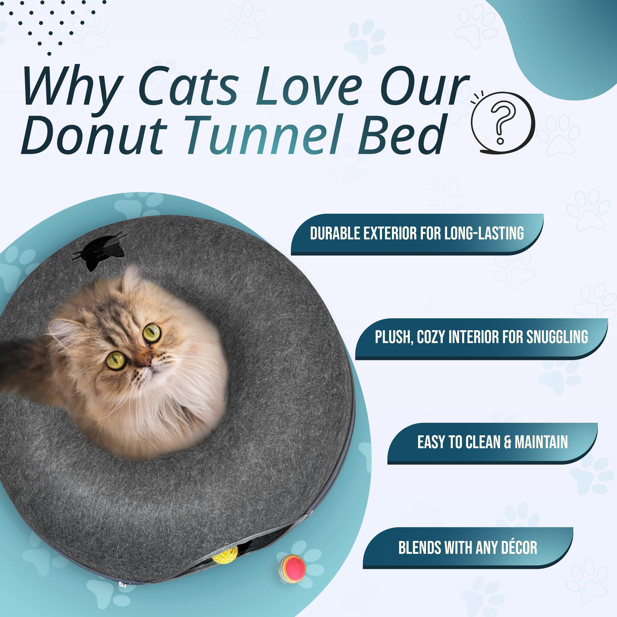 Meow Mates hanging-ball toy inside cat tunnel encourages interactive play and exercise.