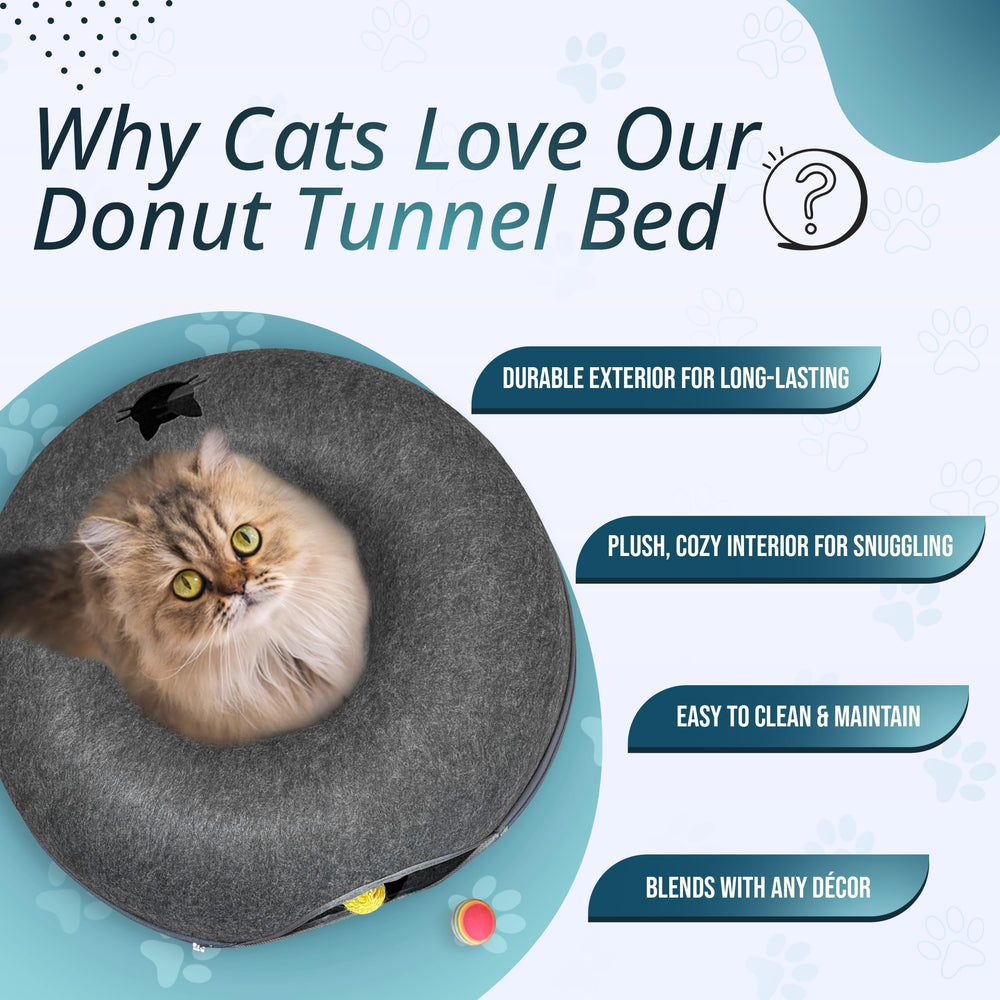 Meow Mates hanging-ball toy inside cat tunnel encourages interactive play and exercise.